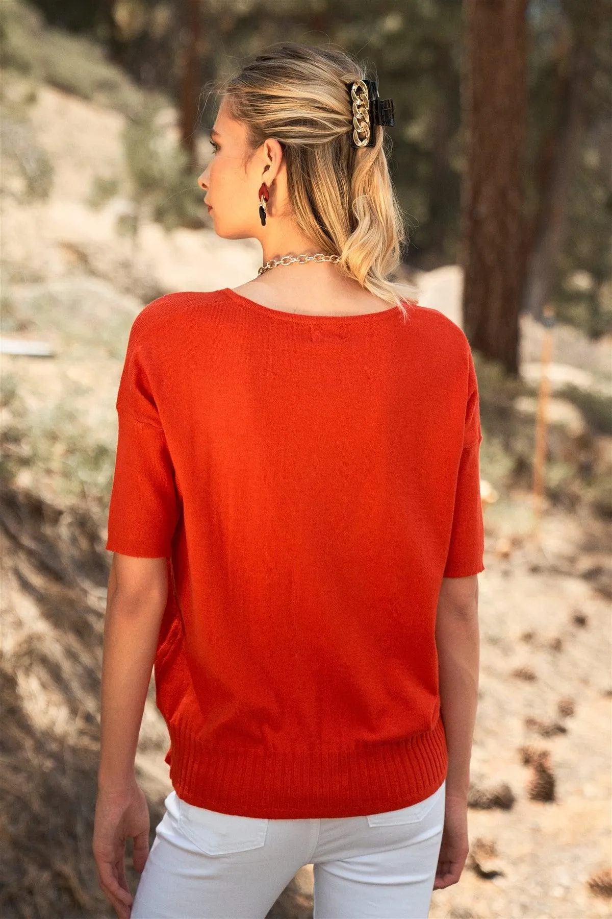 Bright Red V-Neck Short Sleeve Loose Fit Rib Hem Knit Top /2-2-2-1