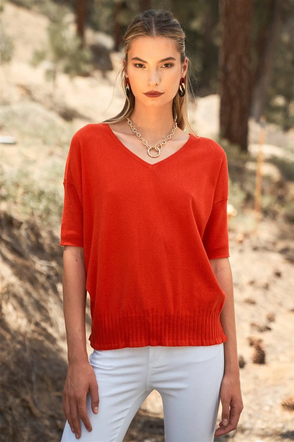 Bright Red V-Neck Short Sleeve Loose Fit Rib Hem Knit Top /2-2-2-1