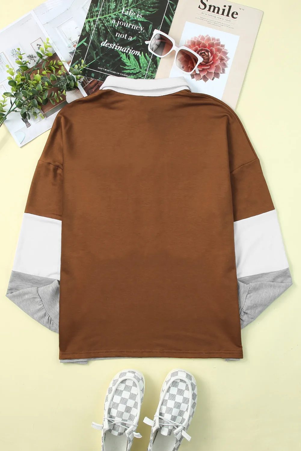 Brown Turn-Down Collar Colorblock Pullover Sweatshirt