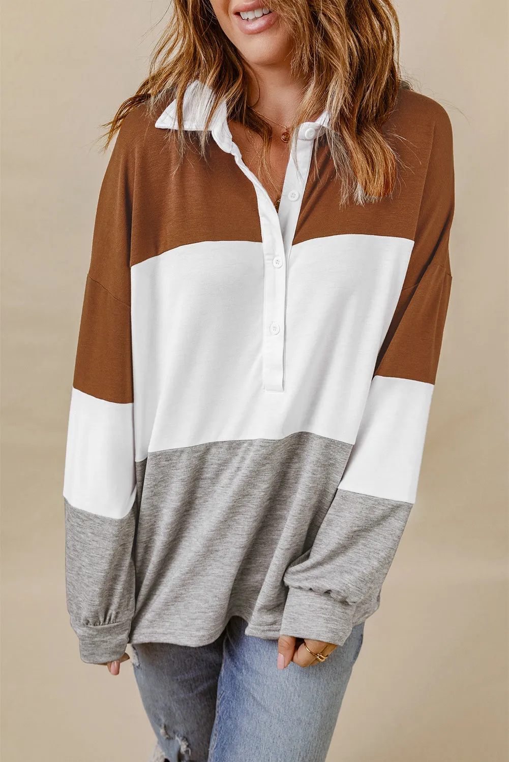 Brown Turn-Down Collar Colorblock Pullover Sweatshirt