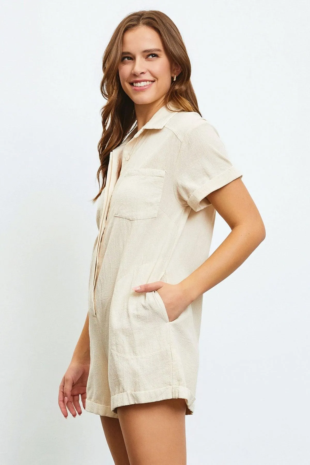 Buttoned Relax Fit Short Sleeve Front Pocket Romper