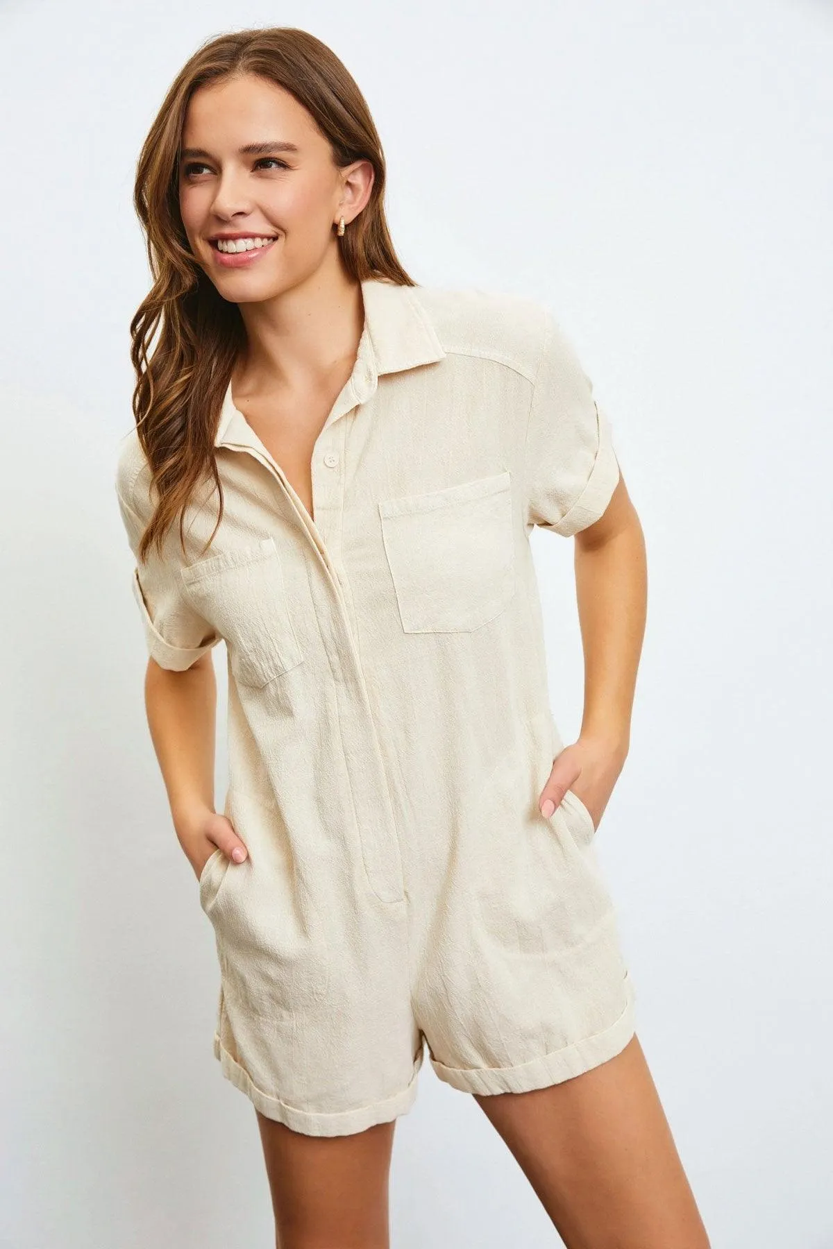 Buttoned Relax Fit Short Sleeve Front Pocket Romper