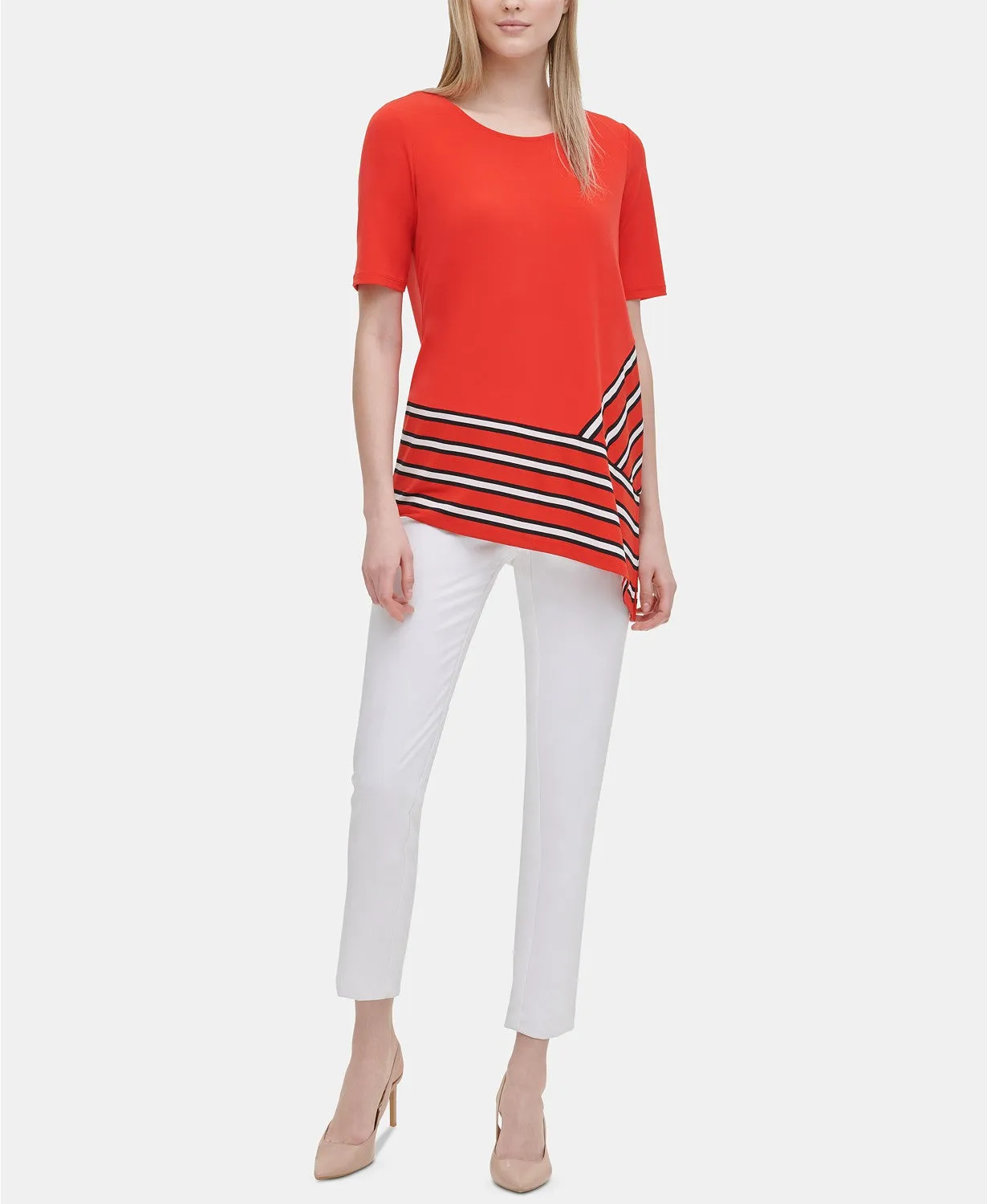 Calvin Klein Women's Placed-Print Asymmetric Jersey Top, Tango Red, XS