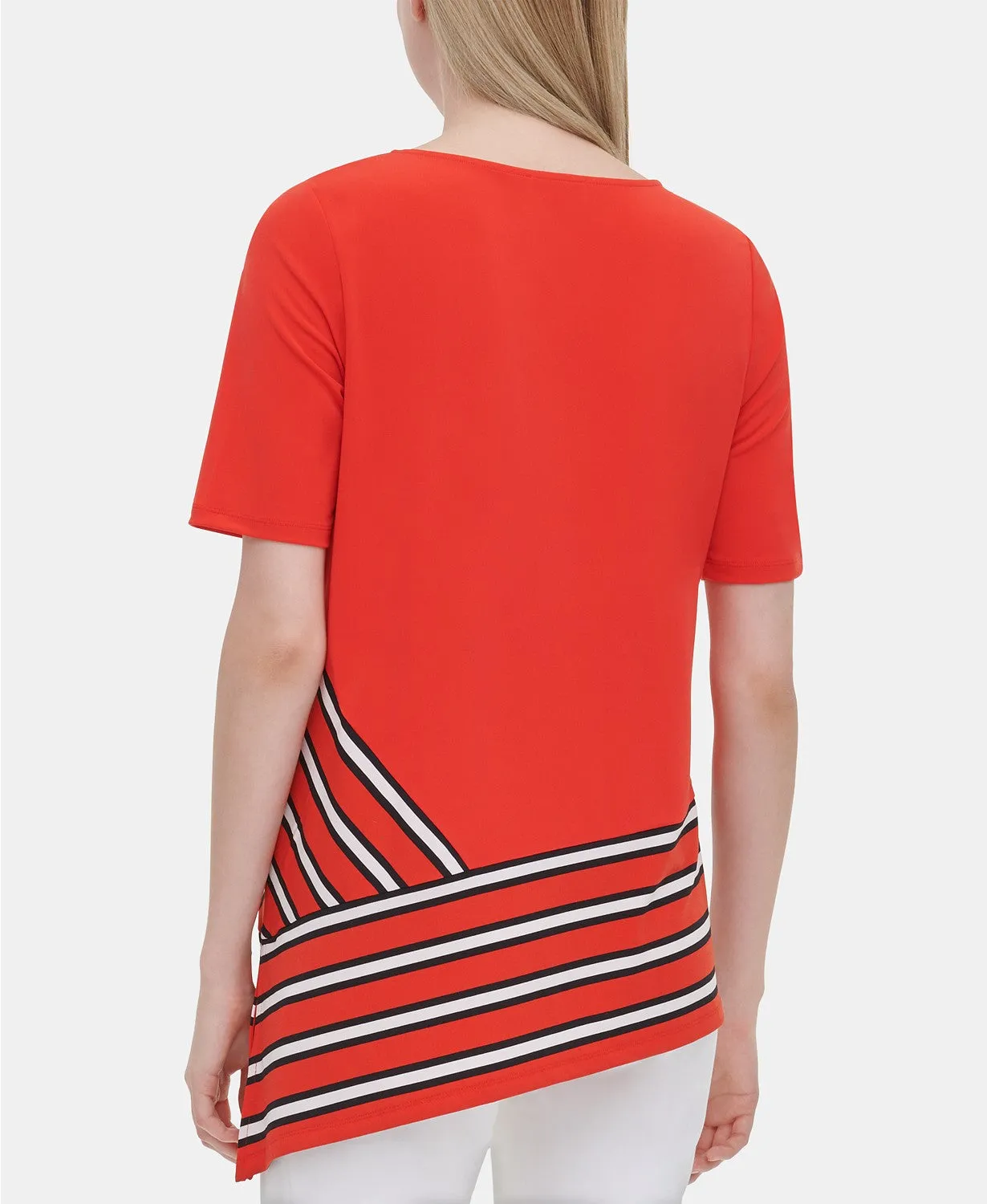 Calvin Klein Women's Placed-Print Asymmetric Jersey Top, Tango Red, XS