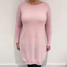 Carnation Pink Cashmere Longline Crew Neck Tunic Jumper Large