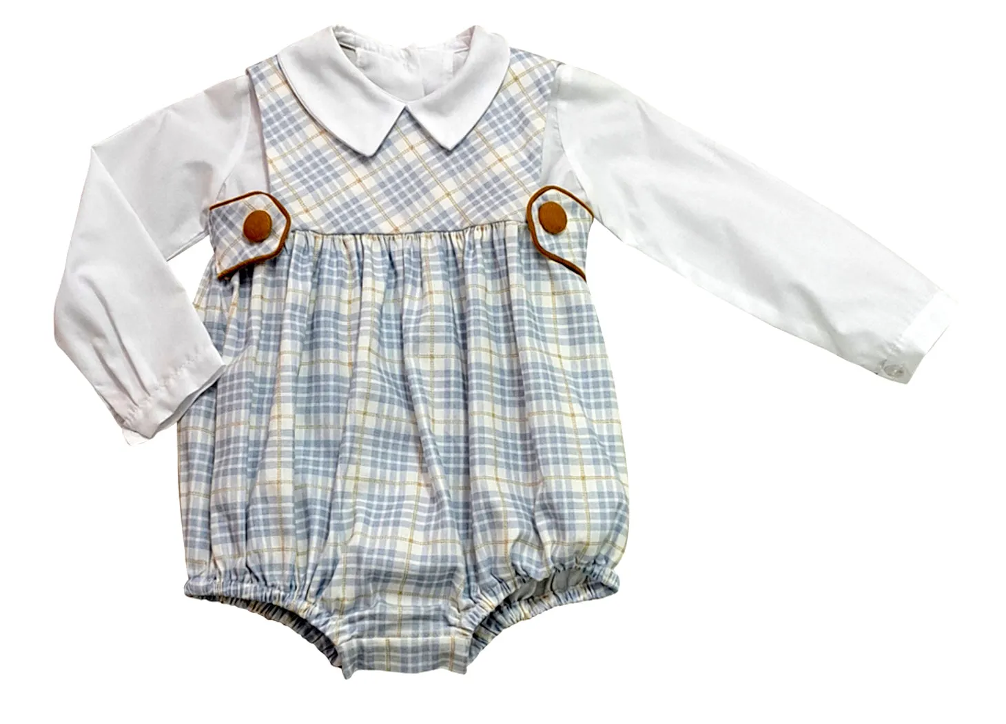 Celine - Fall Light Blue Plaid Boy Romper Set and white Top