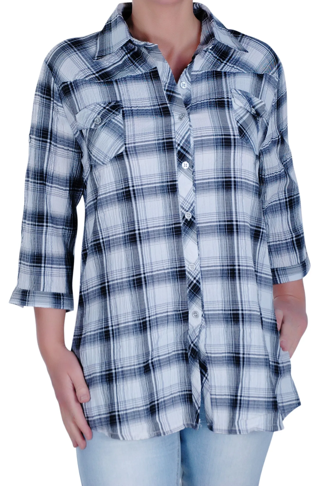 Checkered 3/4 Sleeve Collared Plus Size Shirt