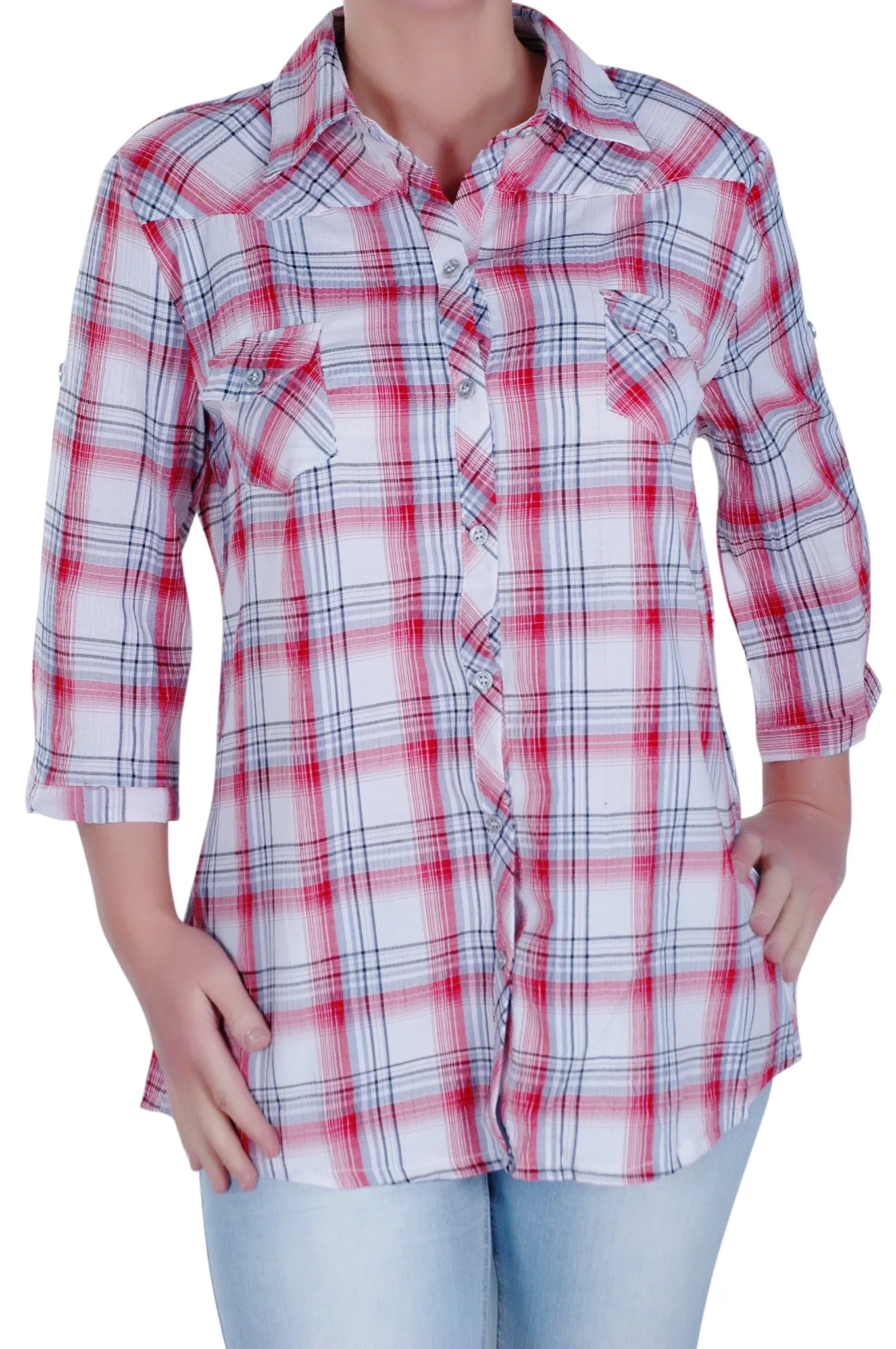 Checkered 3/4 Sleeve Collared Plus Size Shirt