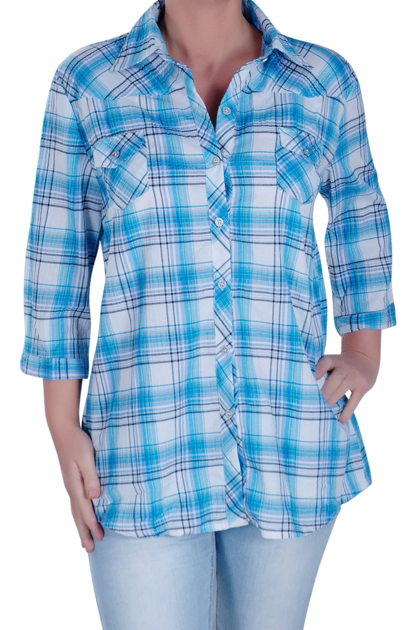 Checkered 3/4 Sleeve Collared Plus Size Shirt