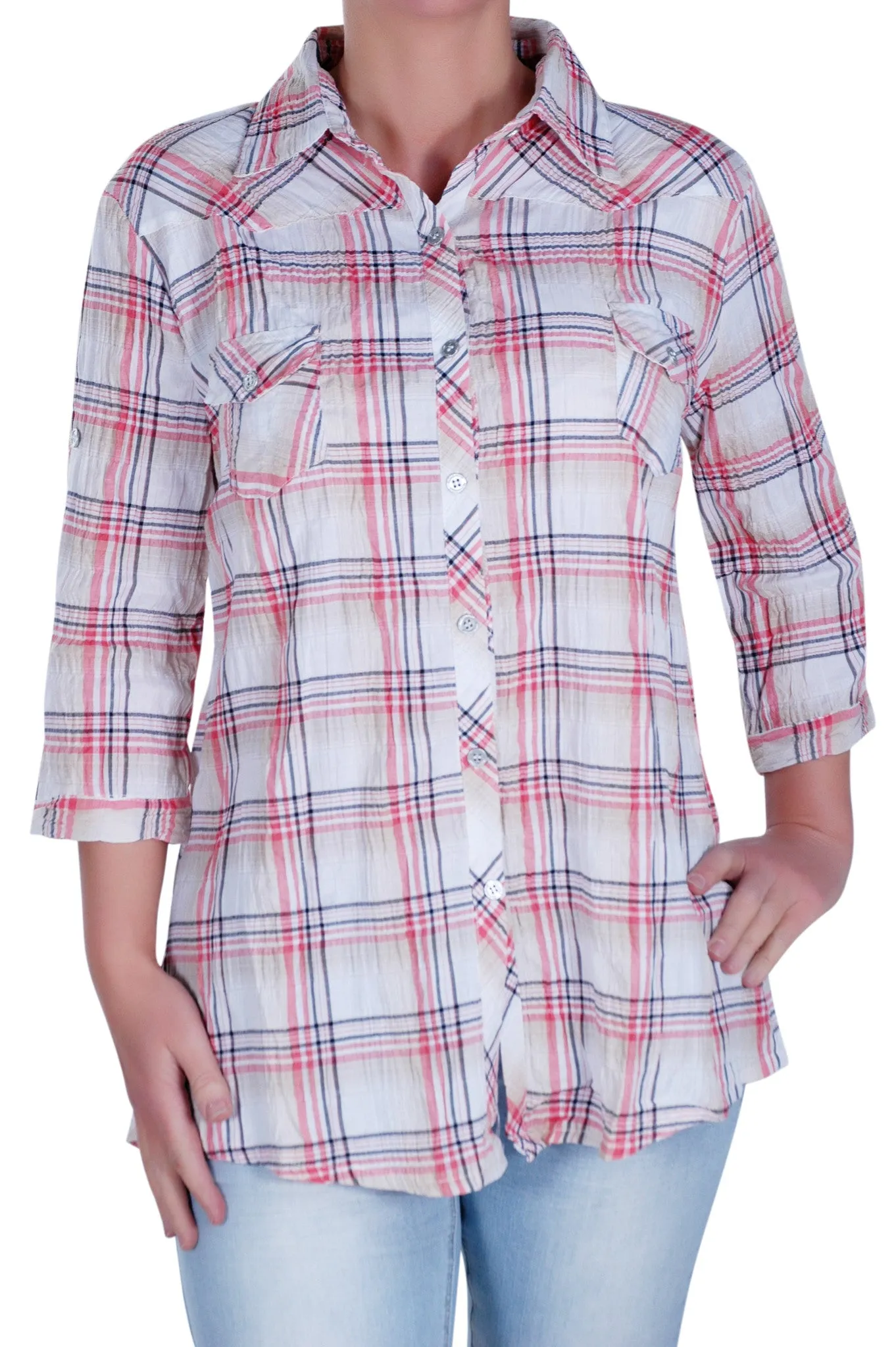 Checkered 3/4 Sleeve Collared Plus Size Shirt