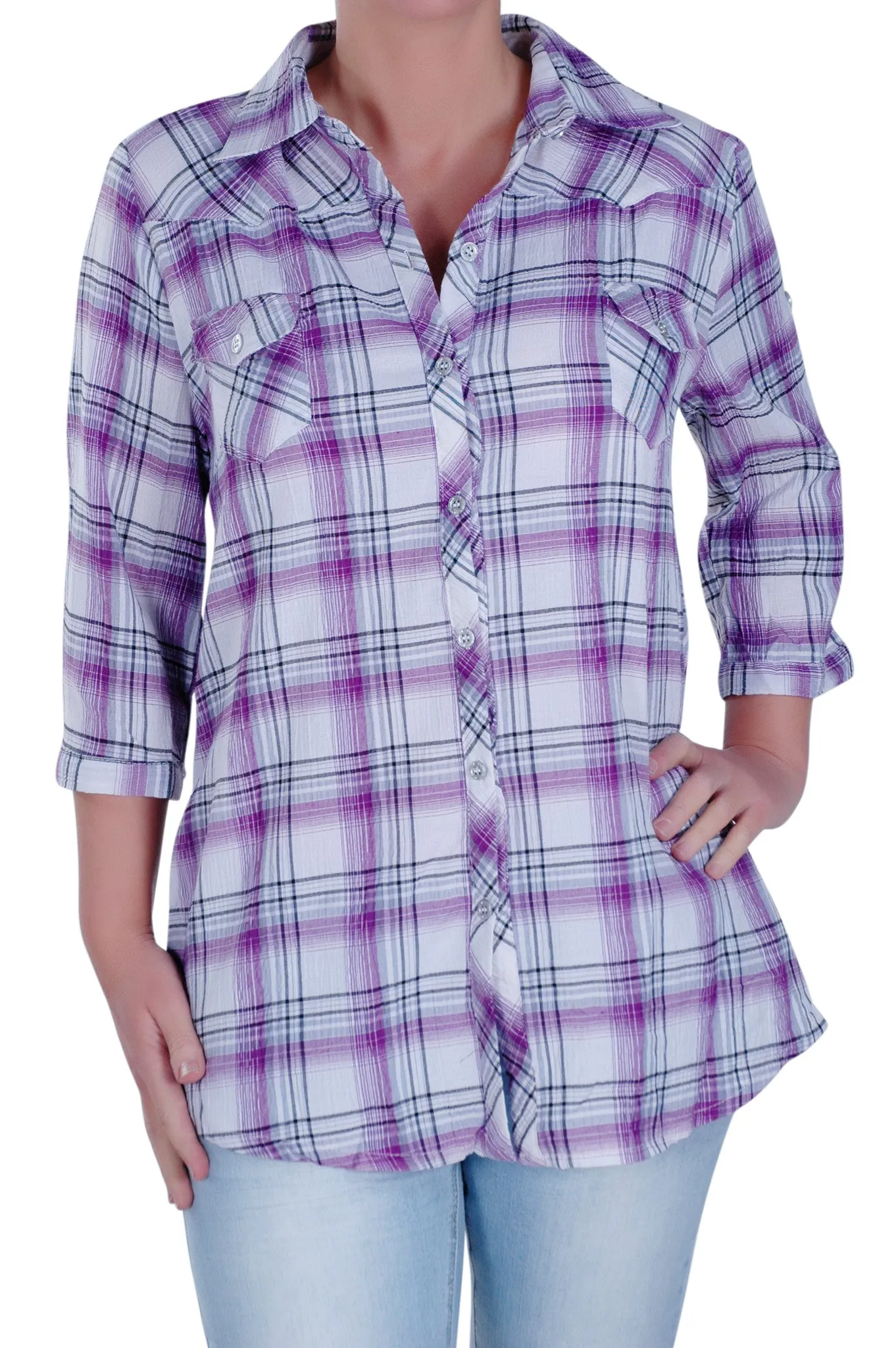 Checkered 3/4 Sleeve Collared Plus Size Shirt