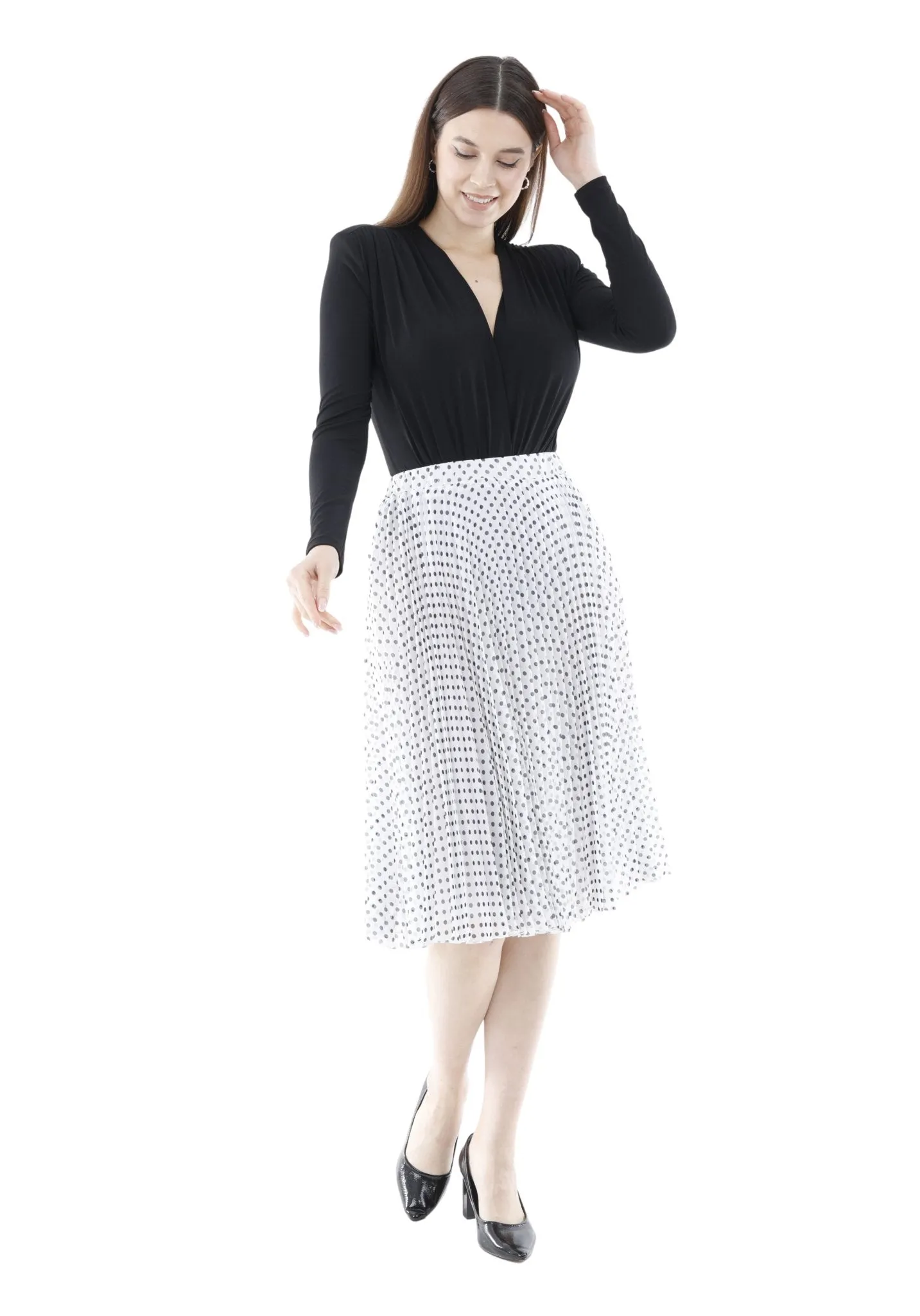 Chiffon Polka Dot Pattern Pleated Midi Skirt