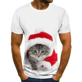 Christmas T shirts Men New Year Tshirts Casual Animal Tshirts Cool Cat Tshirts Novelty White Tshirt Anime