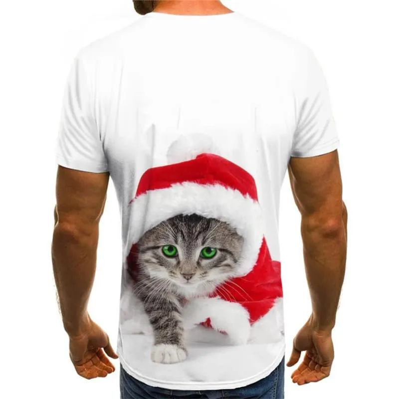 Christmas T shirts Men New Year Tshirts Casual Animal Tshirts Cool Cat Tshirts Novelty White Tshirt Anime