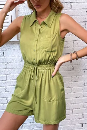 Collared Neck Sleeveless Romper with Pockets