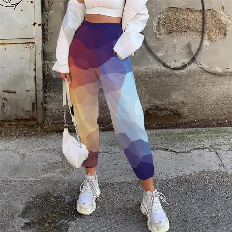 Colorful Trousers Women Geometry Jogger Pants Abstract High Waist Pants