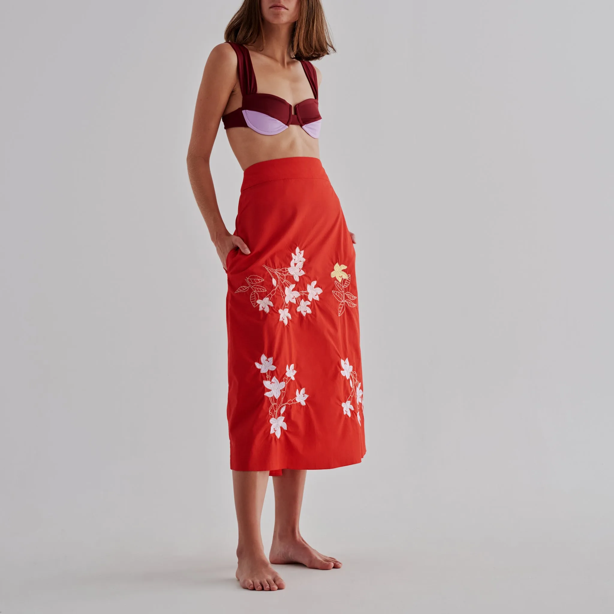 Constelaciones Cotton Midi Skirt / Red