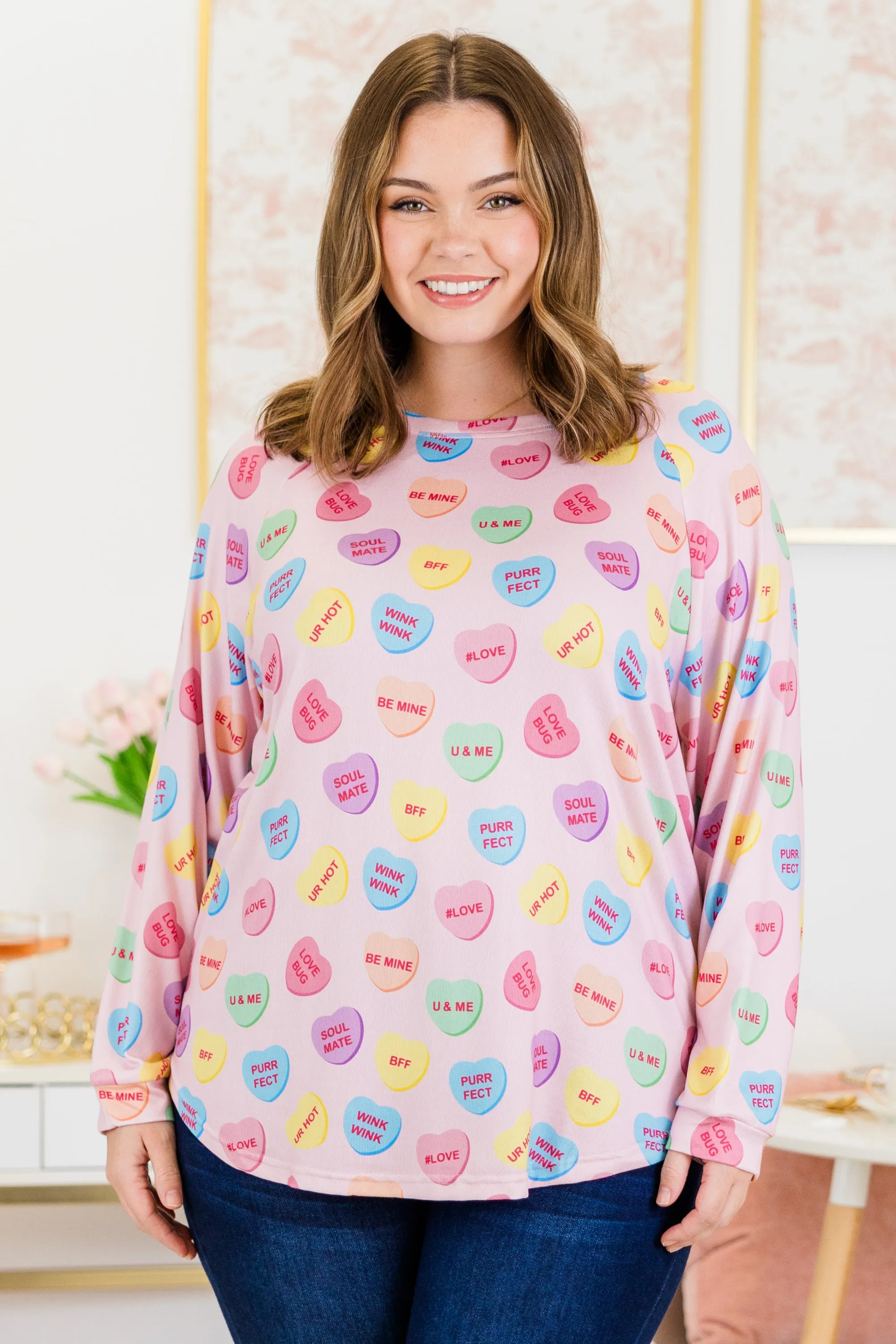 Curved Hem Slouchy Dolman Tunic, Conversation Heart