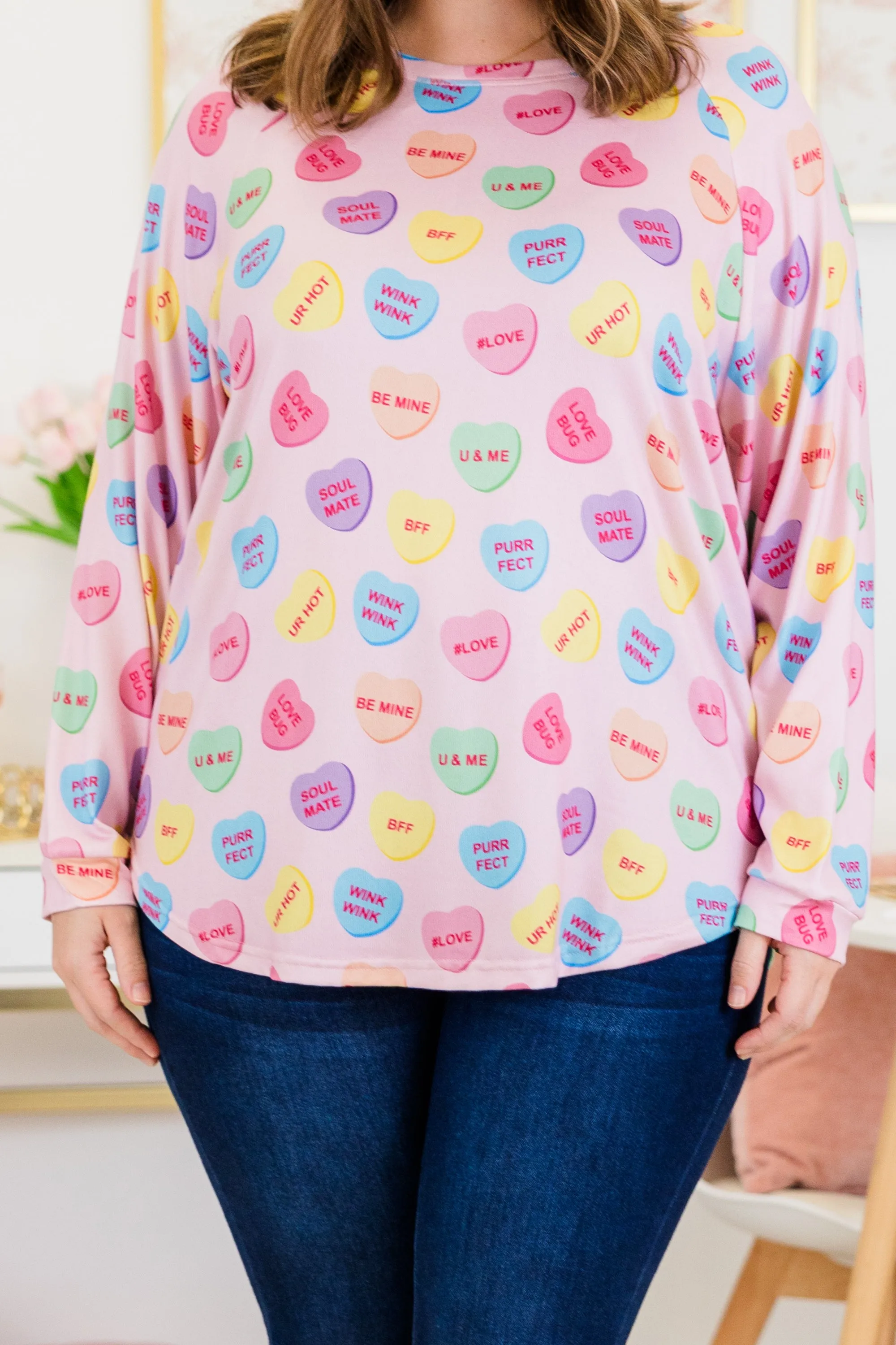 Curved Hem Slouchy Dolman Tunic, Conversation Heart