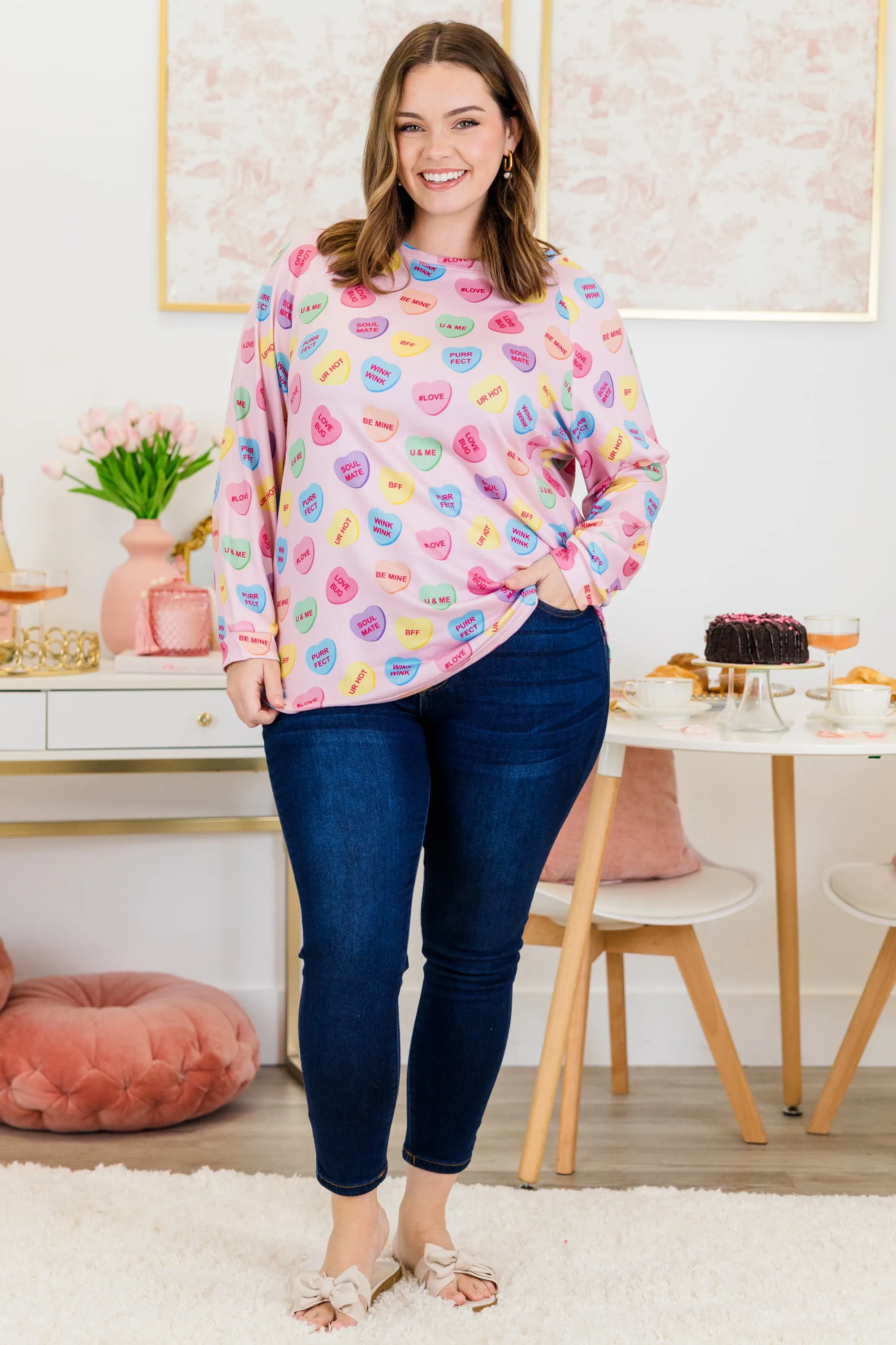 Curved Hem Slouchy Dolman Tunic, Conversation Heart