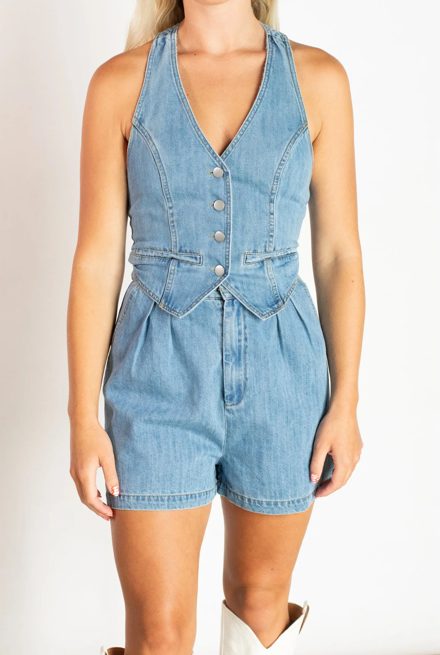 Daisy Duke Denim Halter Neck Romper