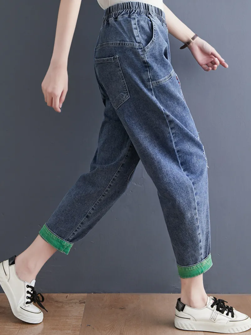 Denim Casual Western Style Loose Large High Waist Denim Pants