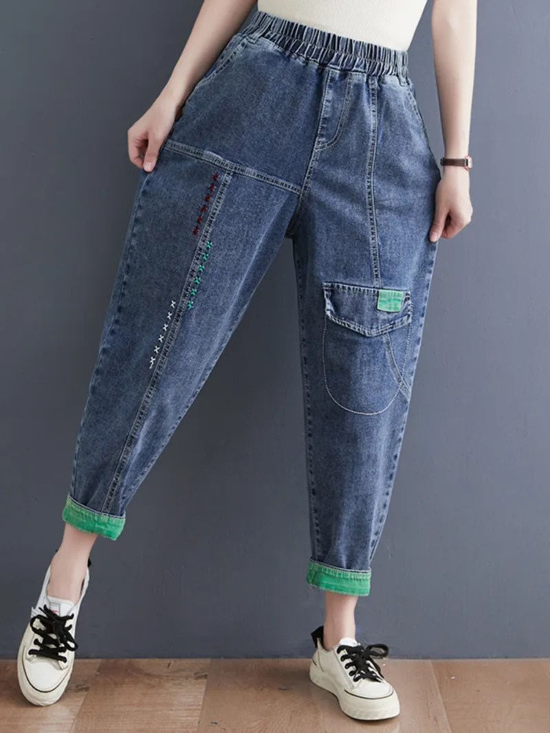 Denim Casual Western Style Loose Large High Waist Denim Pants