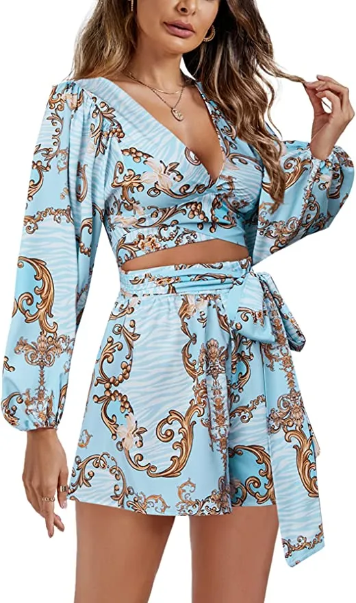 Destination Tropical Green Long Sleeve Shorts Romper