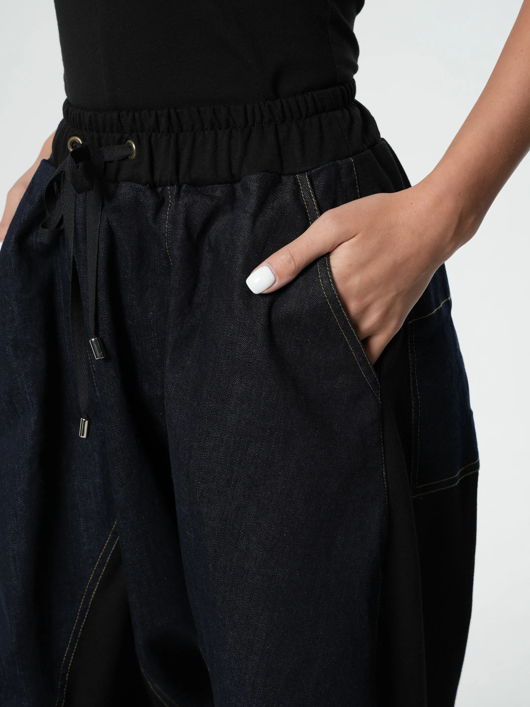 Drop-Crotch Denim Pants With Black Details