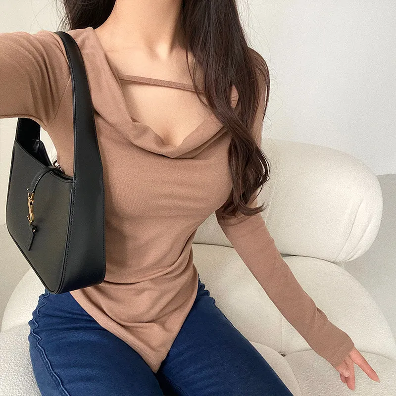 Drue Solid Color String U-Neck Long Sleeve Slim Top