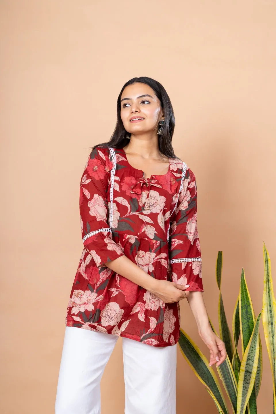 Ekisha's women maroon designer floral printed cotton tunic top short kurti