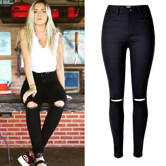 Elastic High Waist Plus Size Holes Beggar Slim Jeans