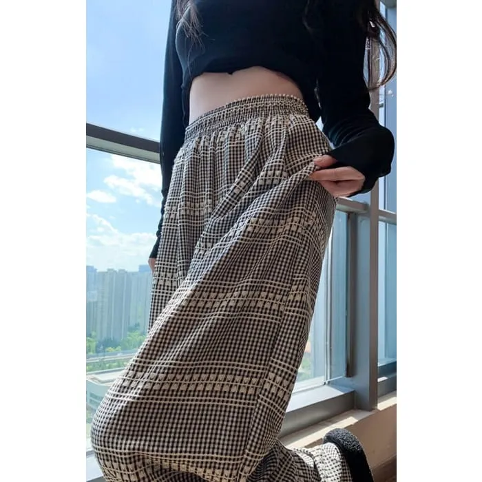 Embroidered Plaid High Waist Wide Leg Drape Pants