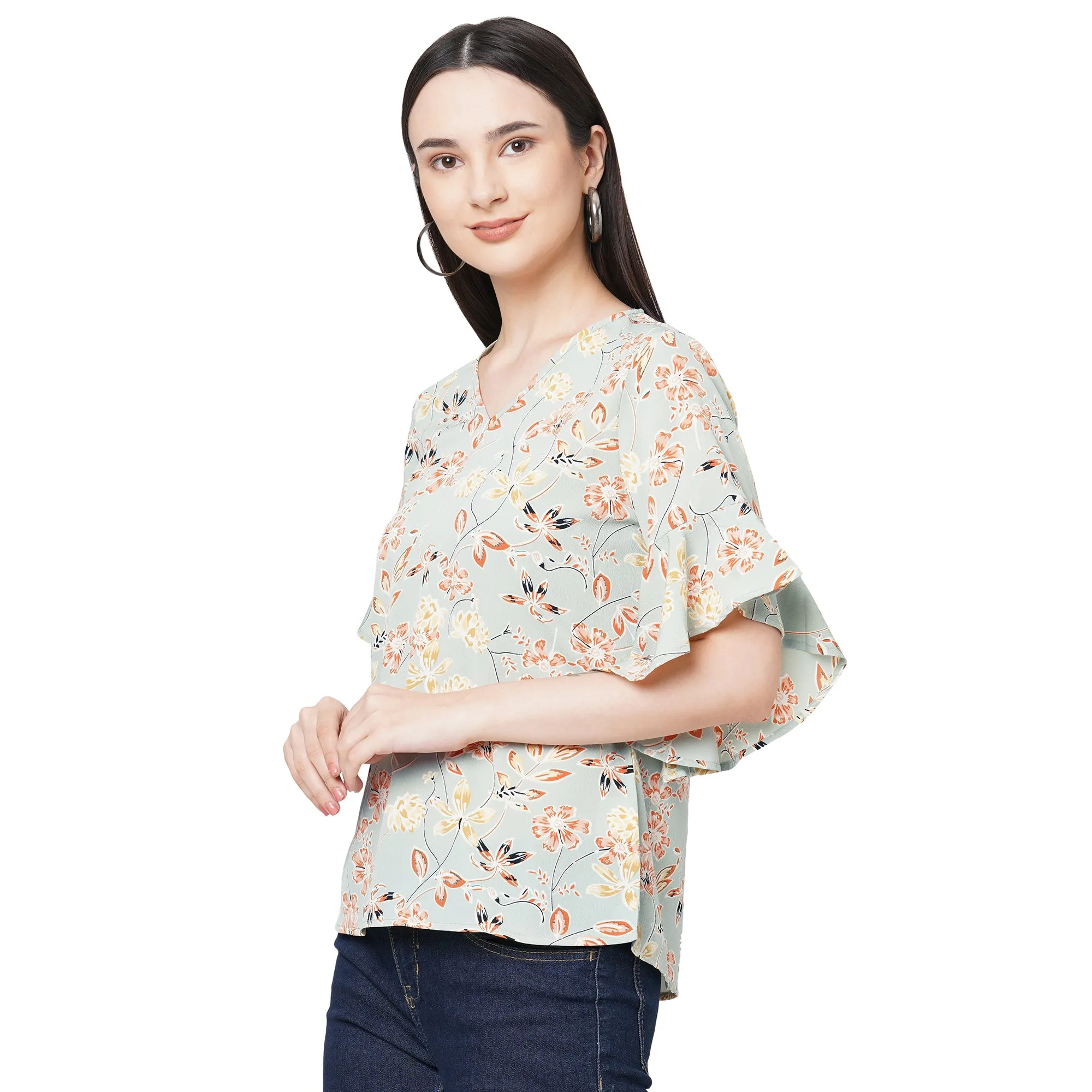 Floral Printed Top With Bell Sleeves For Women