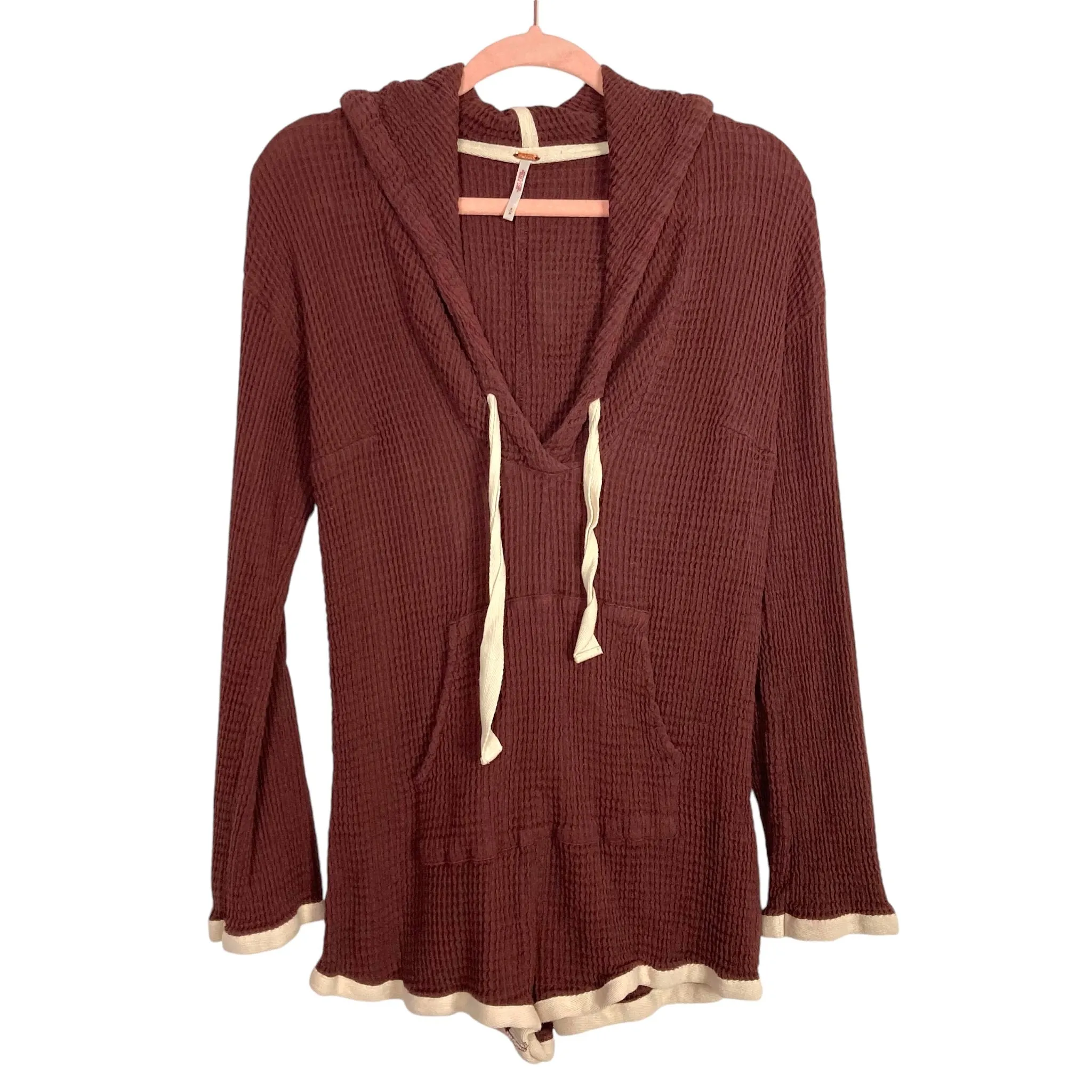 Free People Brown with Cream Trim Waffle Knit Hooded Romper- Size S