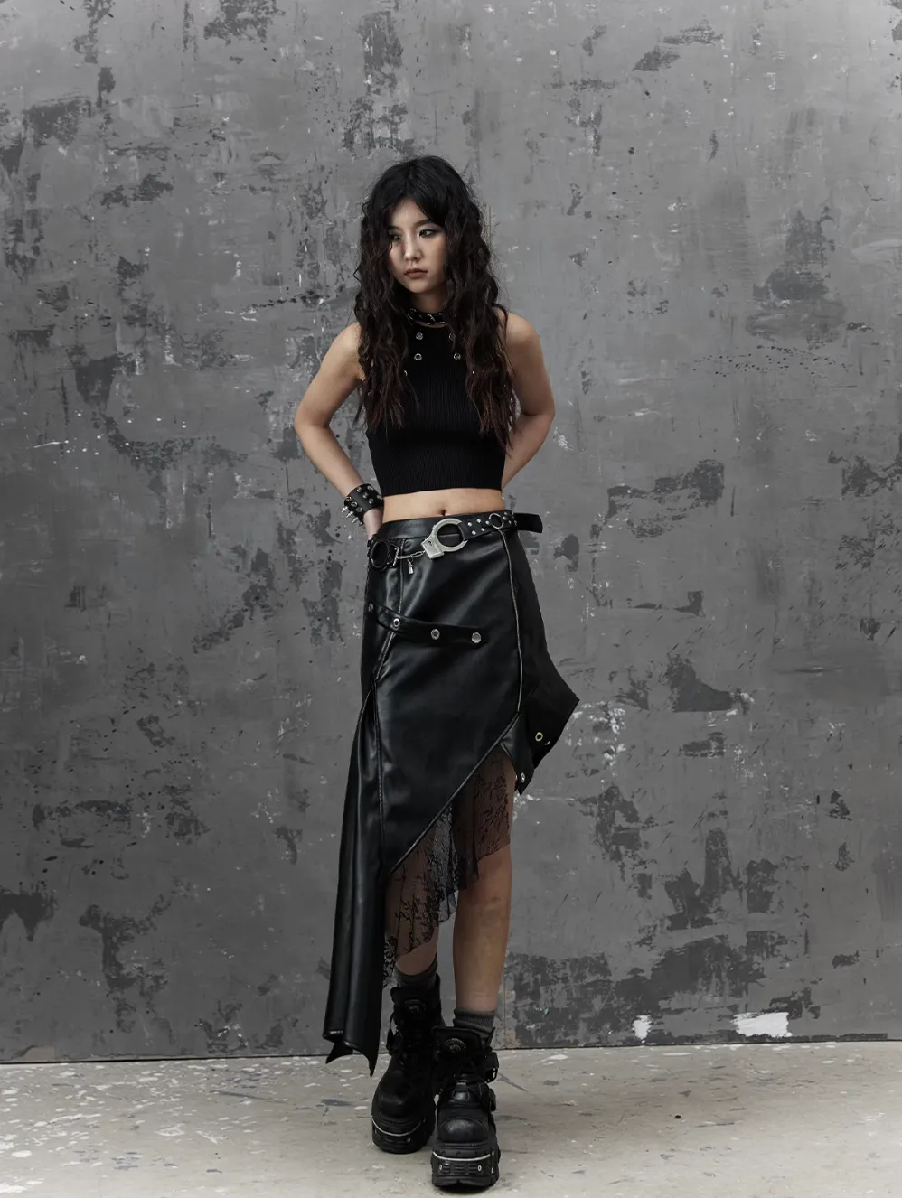 Frustration Garden Gothic Punk Asymmetrical Skirt - Black Faux Leather With Lace Trim And Chain