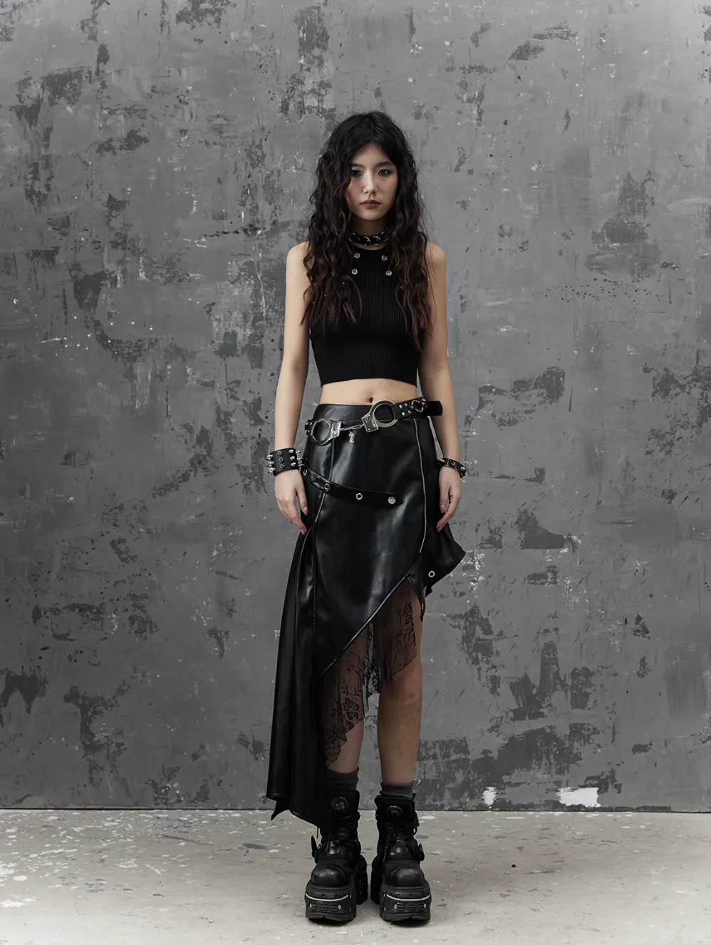 Frustration Garden Gothic Punk Asymmetrical Skirt - Black Faux Leather With Lace Trim And Chain