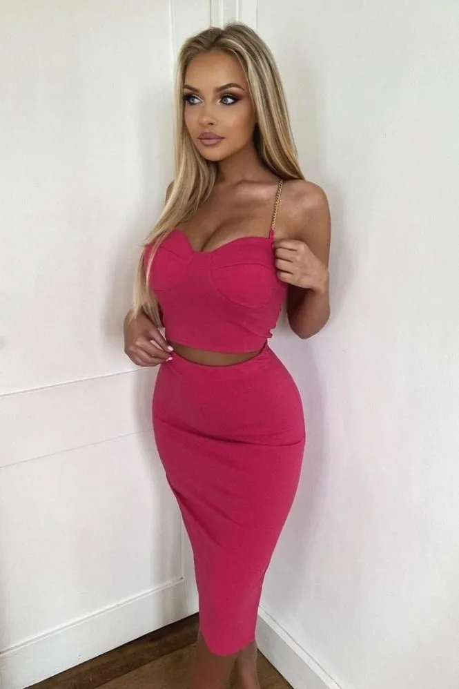 Fuchsia Chain Strap Bralet Crop Top & Side Split Midi Skirt