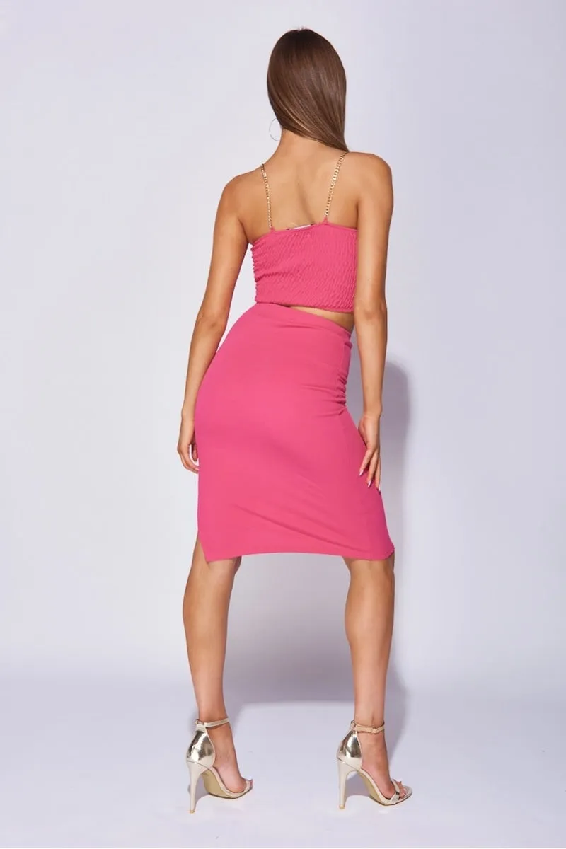 Fuchsia Chain Strap Bralet Crop Top & Side Split Midi Skirt