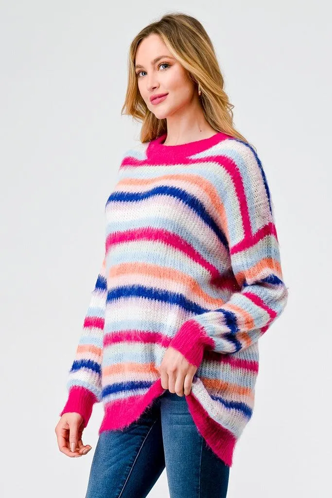 Fuchsia Mix Stripe Knit Long Sleeve Knit Sweater