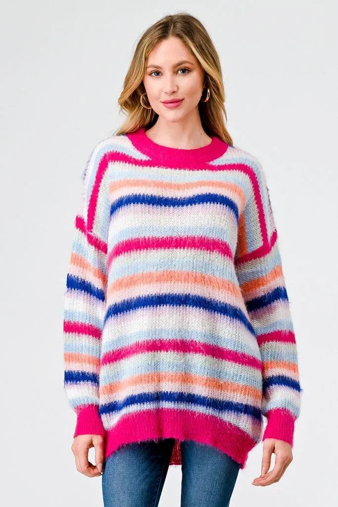 Fuchsia Mix Stripe Knit Long Sleeve Knit Sweater