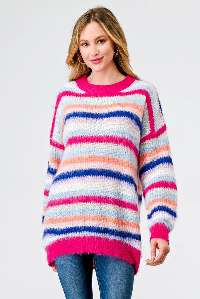 Fuchsia Mix Stripe Knit Long Sleeve Knit Sweater