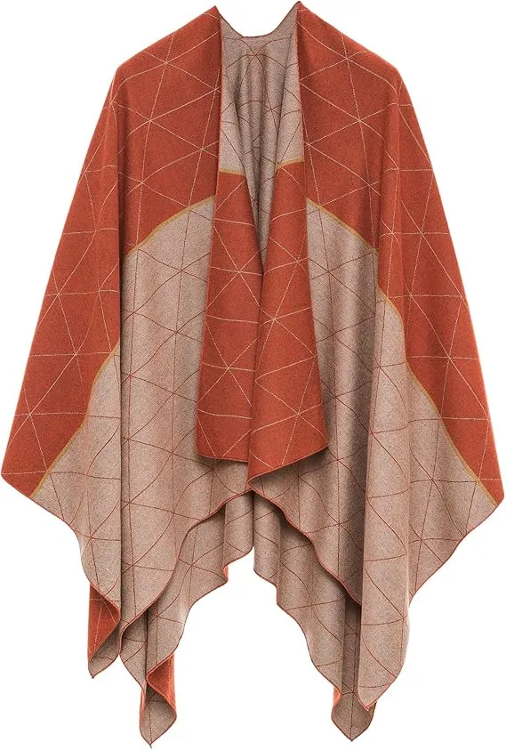 Geometric Brown Luxurious Knit Sweater Poncho Cardigan