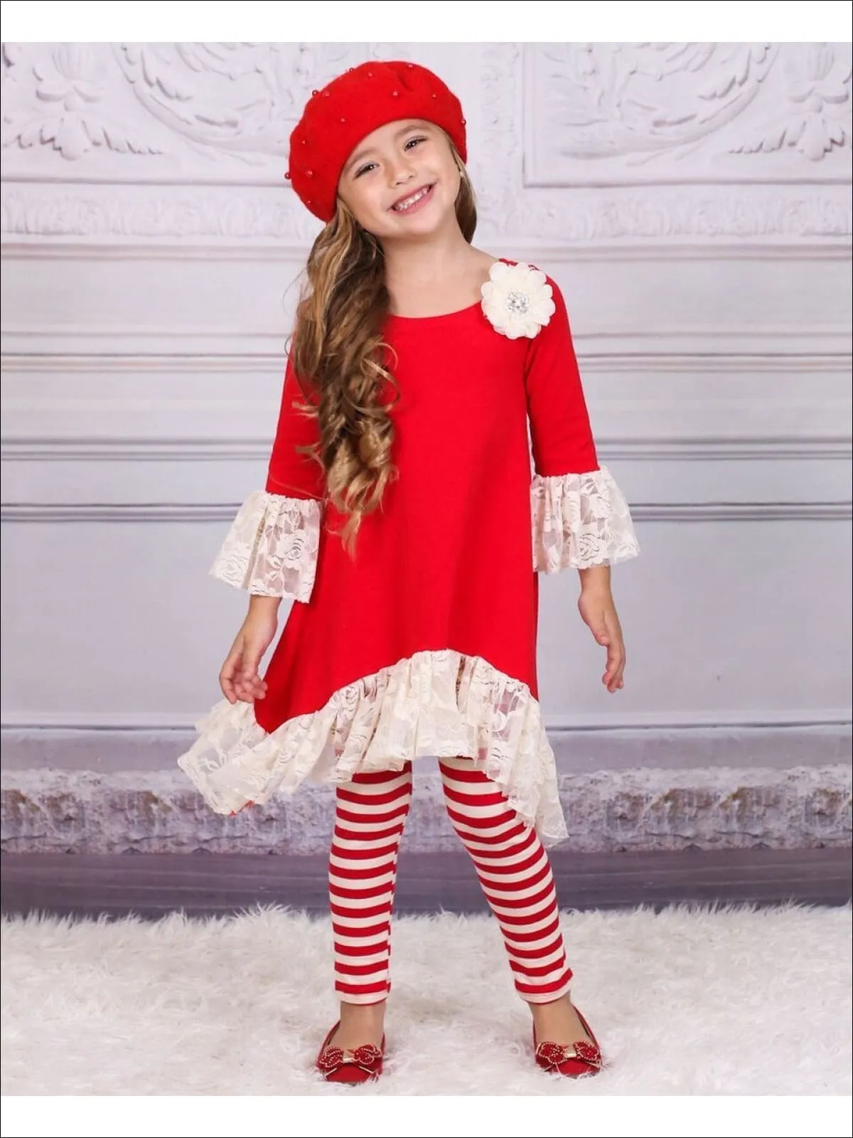 Girls Sidetail Red/Creme Ruffled Lace Sleeve Tunic And Printed Legging Set