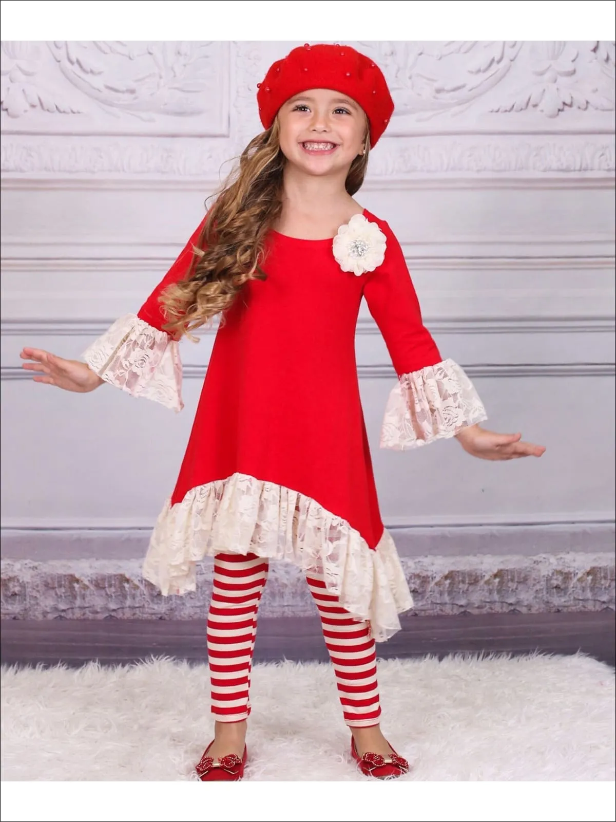 Girls Sidetail Red/Creme Ruffled Lace Sleeve Tunic And Printed Legging Set