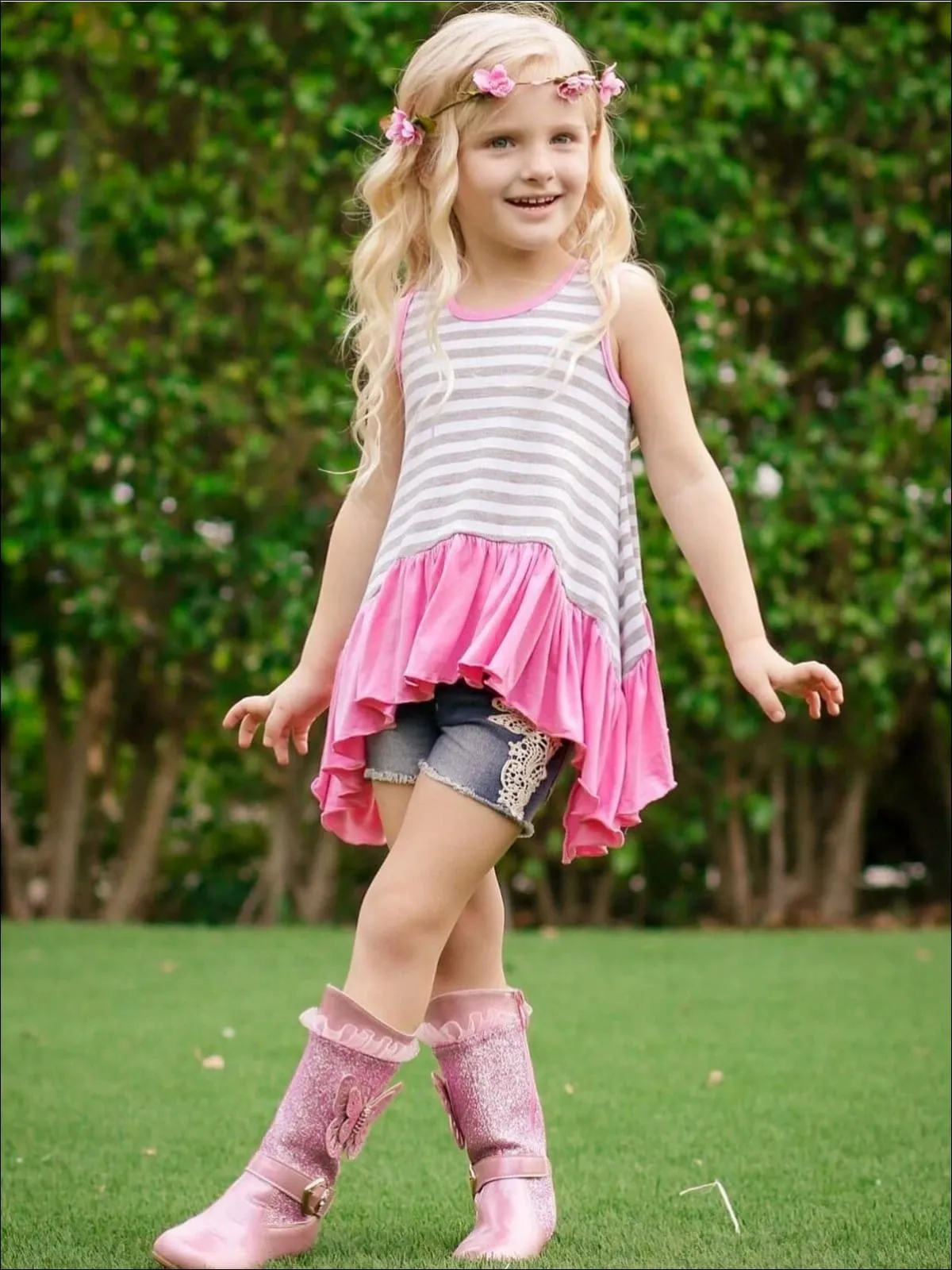 Girls White, Grey And Pink Striped Side Tail Ruffle Hem Tunic