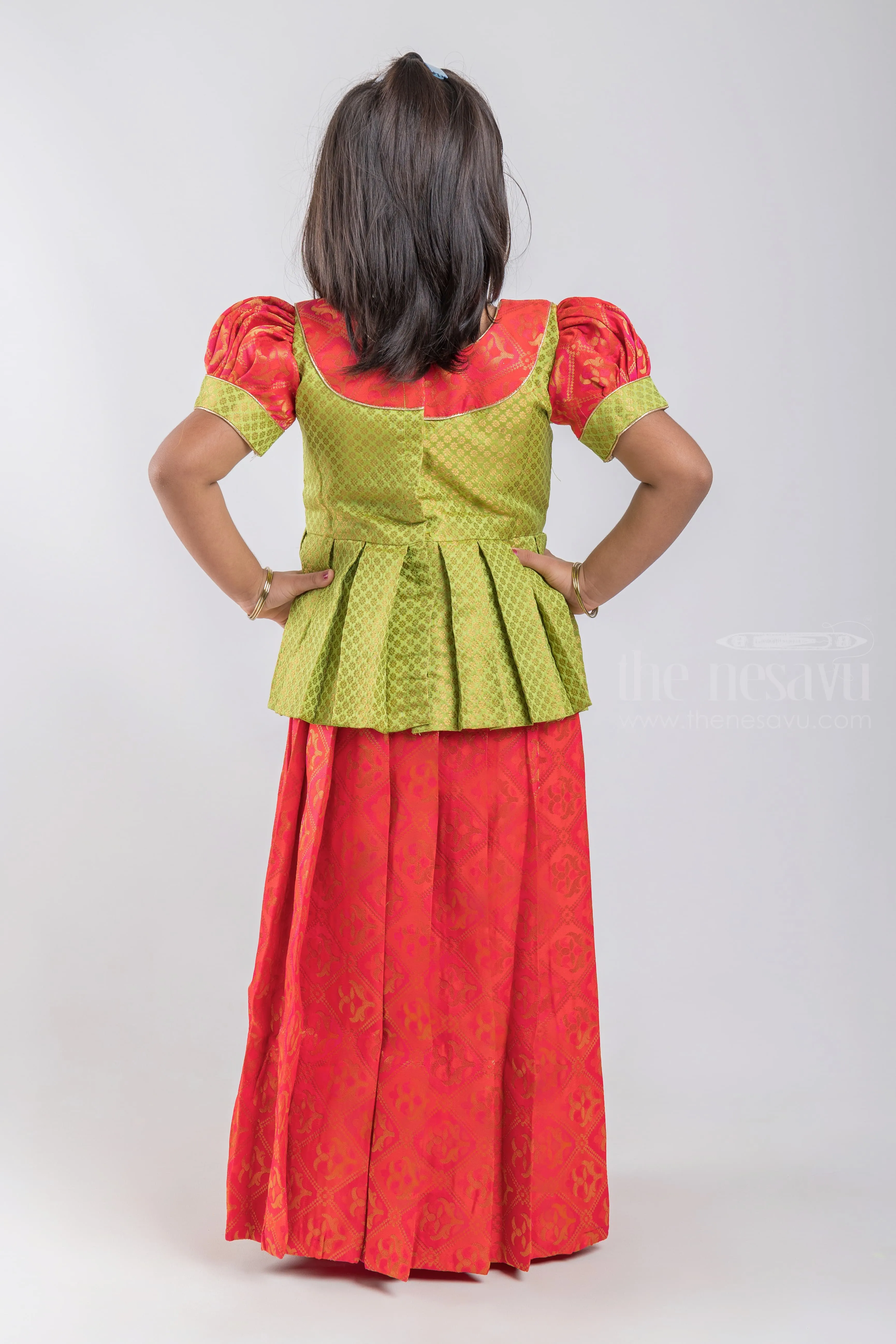 Gorgeous Green Floral Designer Pleated Blouse And Red Pleated Silk Skirt For Girls