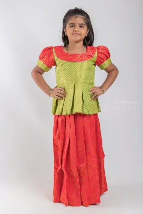 Gorgeous Green Floral Designer Pleated Blouse And Red Pleated Silk Skirt For Girls