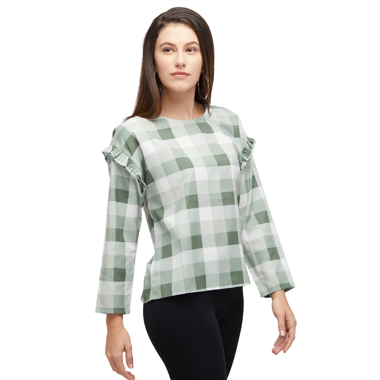 Green Checkered Full Sleeves Top