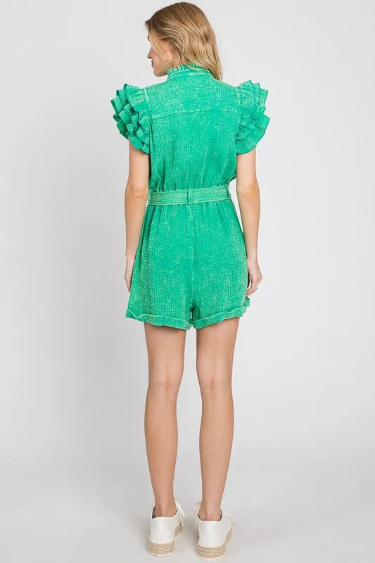 Green Mineral Wash Ruffle Sleeve Tie Waist Romper